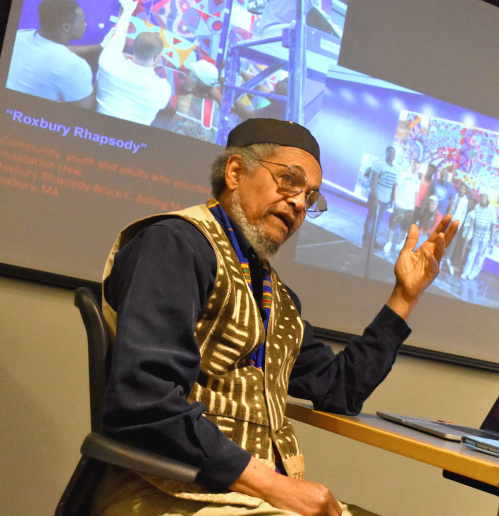 Napoleon Jones-Henderson speaks about public art at the Boston Society for Architects Space, April 29, 2019. (©Greg Cook photo)