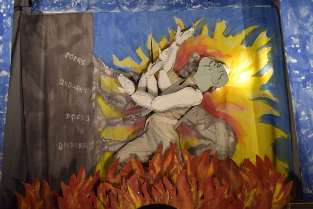 Bread and Puppet Theater performs “Diagonal Life: Theory and Praxis” at Beneficent Congregational Church, Providence, May 10, 2019. (Greg Cook)