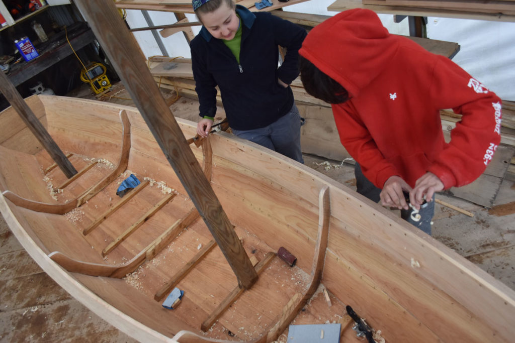 Building an Essex clamming skiff at the Essex Historical Society and Shipbuilding Museum in Essex, April 26, 2018. (Greg Cook)