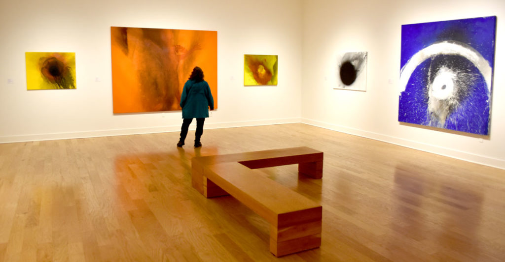 "Fire Paintings" in "Fire and Light: Otto Piene in Groton, 1983–2014" at the Fitchburg Art Museum, 2019. (Greg Cook)