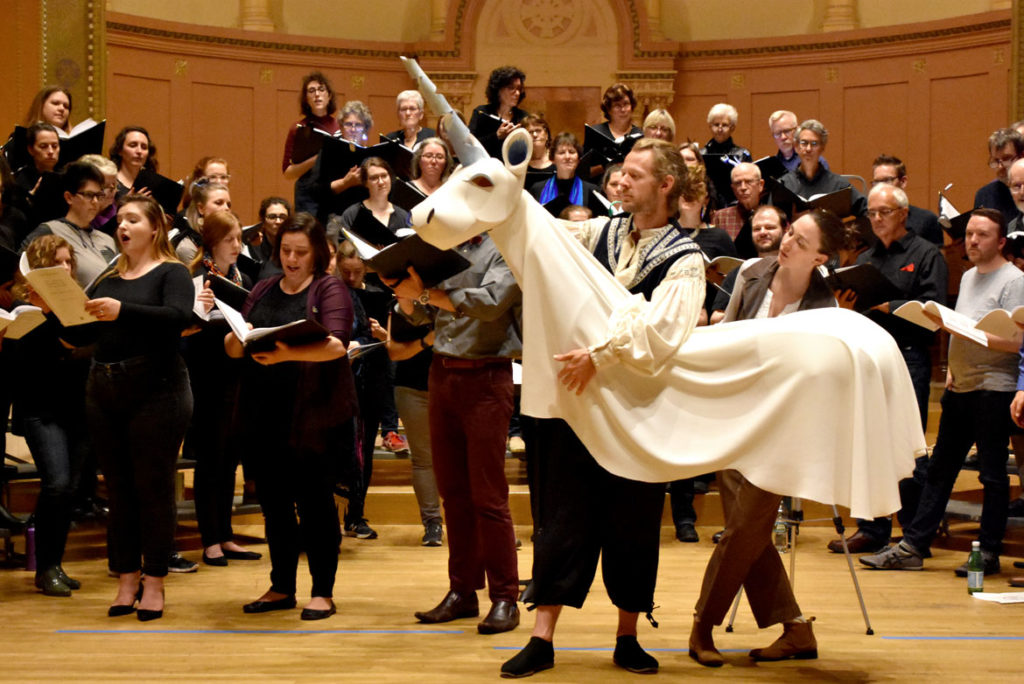 Rehearsal for “The Unicorn, The Gorgon and The Manticore” and “A Medieval Bestiary” performed by Metropolitan Chorale and Puppet Showplace Theater at First Church, Cambridge, May 3, 2019. (Greg Cook)