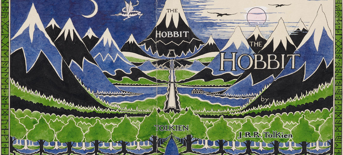 J. R. R. Tolkien, Dust jacket design for "The Hobbit," April 1937, pencil, black ink, watercolor, gouache. (© The Tolkien Estate Limited)