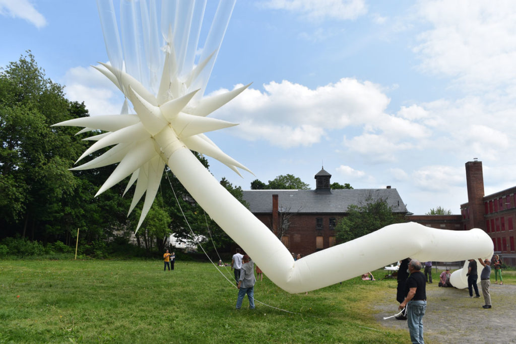 Launching Otto Piene's "Sky Art" inflatable sculpture "Paris Star" at the Fitchburg Art Museum, June 2, 2019. (Greg Cook)