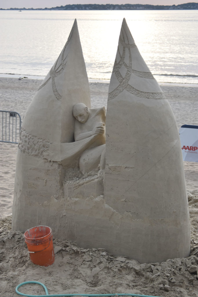 Sculpture by Morgan Rudluff of California at the Revere Beach International Sand Sculpting Festival, Massachusetts, July 27, 2019. (Greg Cook)