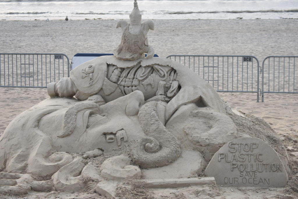 Sculpture by Sudarsan Pattnaik at the Revere Beach International Sand Sculpting Festival, Massachusetts, July 27, 2019. (Greg Cook)