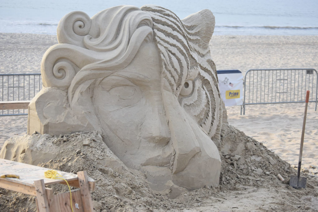 Sculpture by Sue McGrew of Washington at the Revere Beach International Sand Sculpting Festival, Massachusetts, July 27, 2019. (Greg Cook)