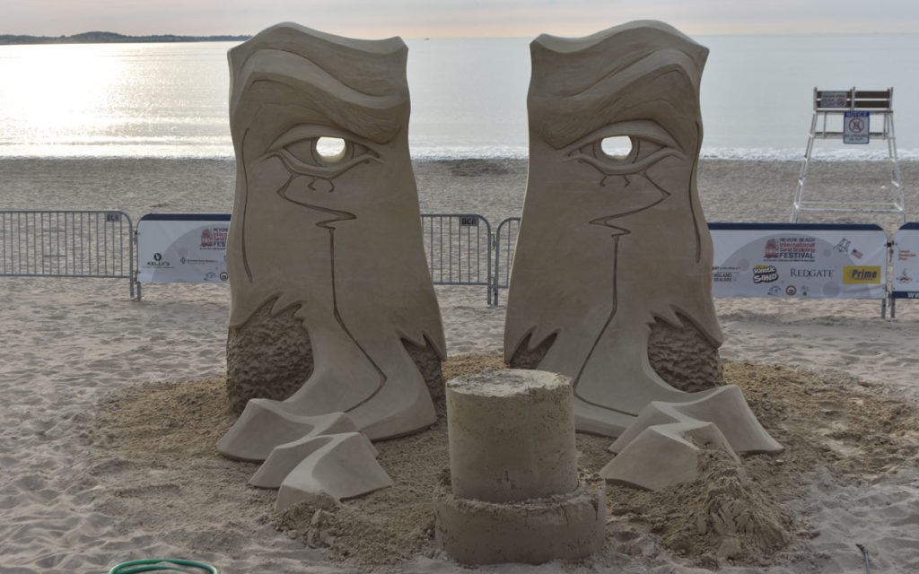 Sculpture by Dan Belcher of Missouri at the Revere Beach International Sand Sculpting Festival, Massachusetts, July 27, 2019. (Greg Cook)