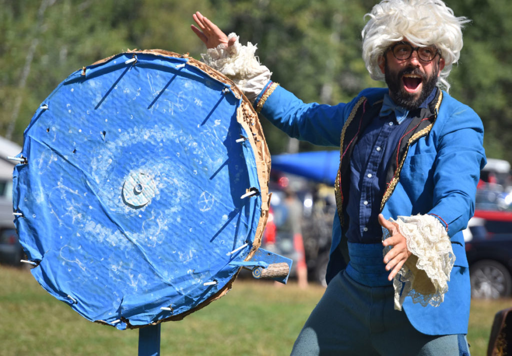 Professor Nostradamus's "University of Tricks" in Bread and Puppet Theater's "Diagonal Life Circus," Glover, Vermont, Aug. 25, 2019. (Greg Cook)