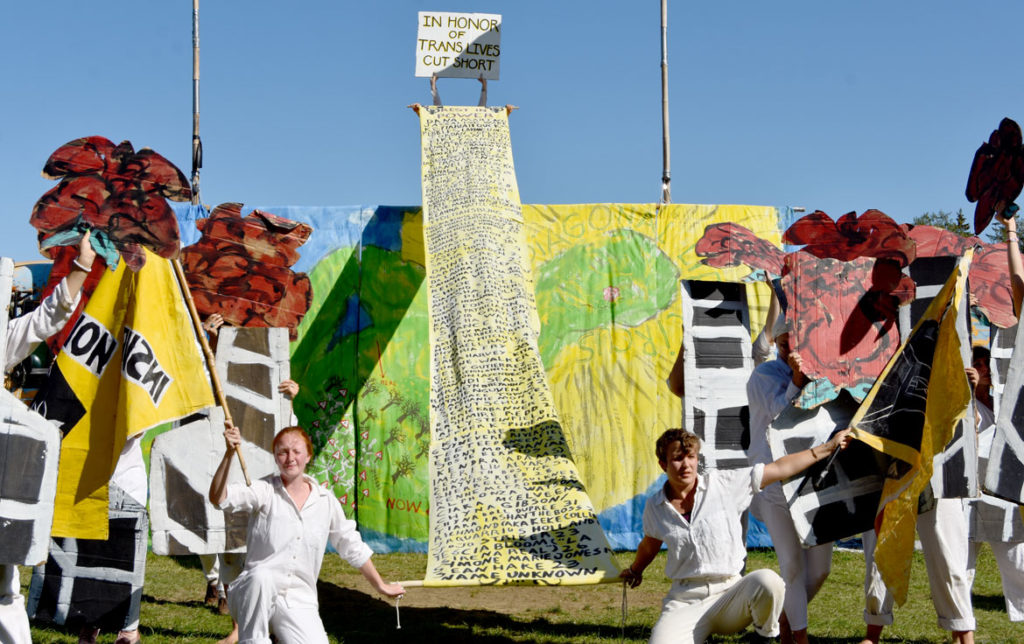 Act "In Honor of Trans Lives Cut Short" in Bread and Puppet Theater's "Diagonal Life Circus," Glover, Vermont, Aug. 25, 2019. (Greg Cook)