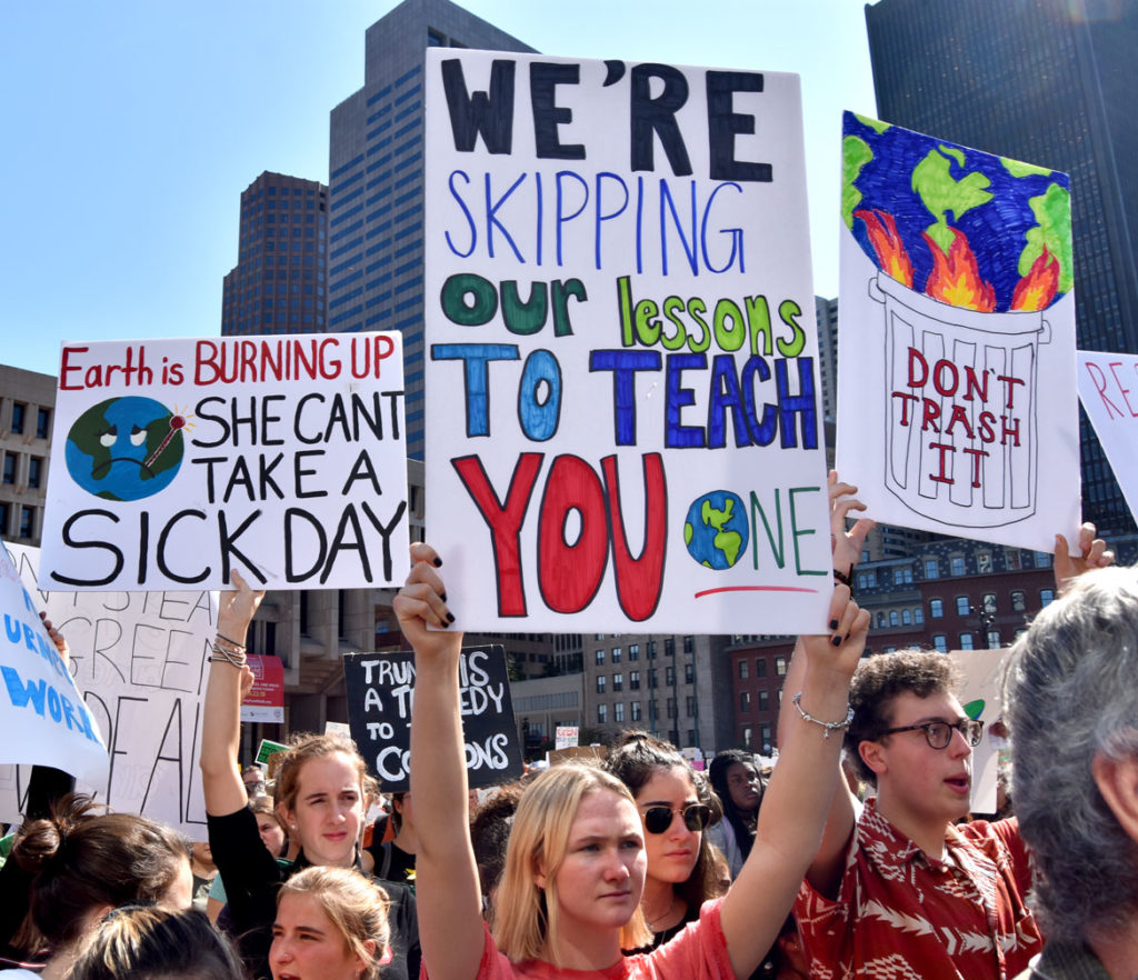 The Boston Climate Strike rally at Boston City Hall, Sept. 20, 2019. (Greg Cook)