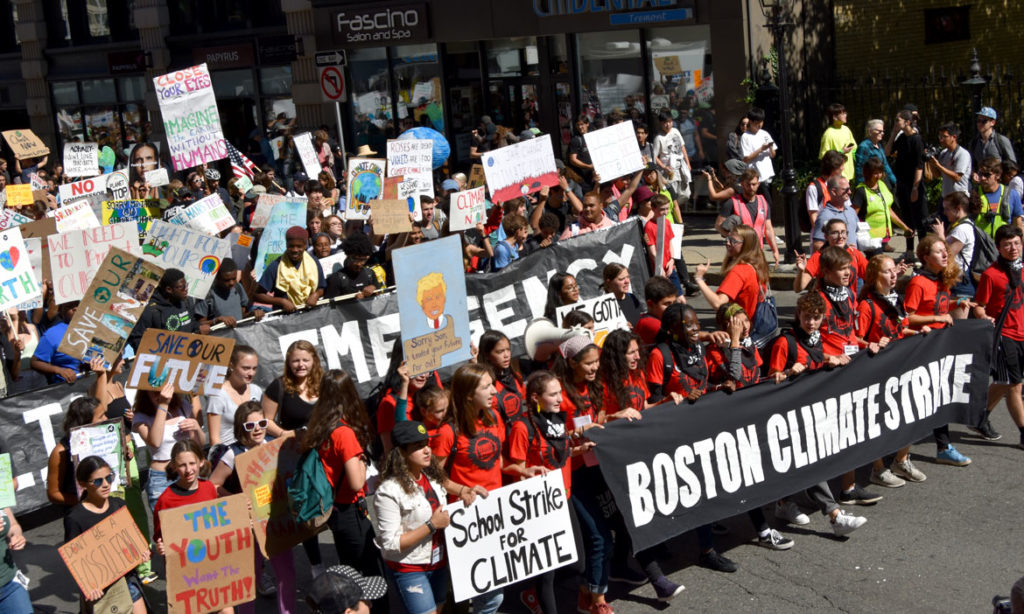 The Boston Climate Strike marches from Boston City Hall to the Massachusetts State House, Sept. 20, 2019. (Greg Cook)