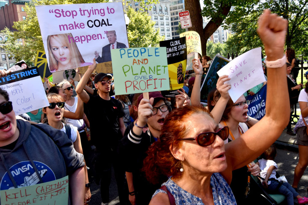 The Boston Climate Strike heads up Park Street to the Massachusetts State House, Sept. 20, 2019. (Greg Cook)