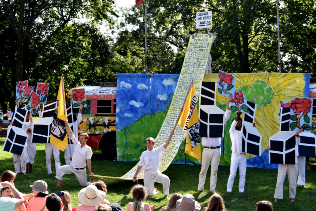 A call to "Celebrate and Protect Trans Lives" during Bread and Puppet Theater's "Diagonal Life Circus" at Cambridge Common, Aug. 31, 2019. (Greg Cook)