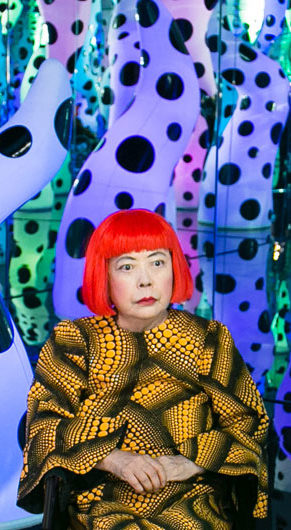 Yayoi Kusama pictured with her work "Love Is Calling" during her solo exhibition "I Who Have Arrived In Heaven" at David Zwirner gallery, New York, 2013. (Courtesy ICA Boston)