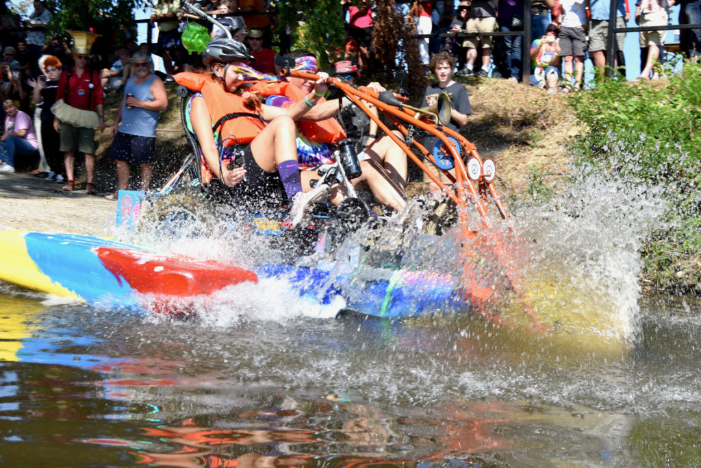 Splashing into the Merrimack River during the Lowell Kinetic Sculpture Race, Sept. 21, 2019. (Greg Cook photo)
