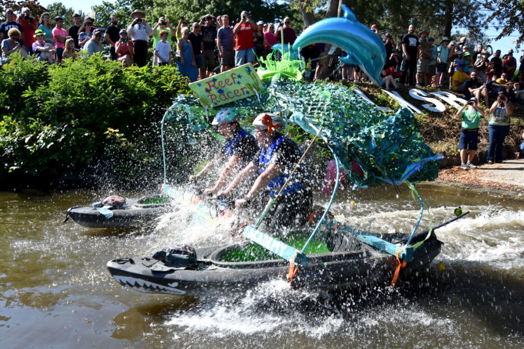 Splashing into the Merrimack River during the Lowell Kinetic Sculpture Race, Sept. 21, 2019. (Greg Cook photo)