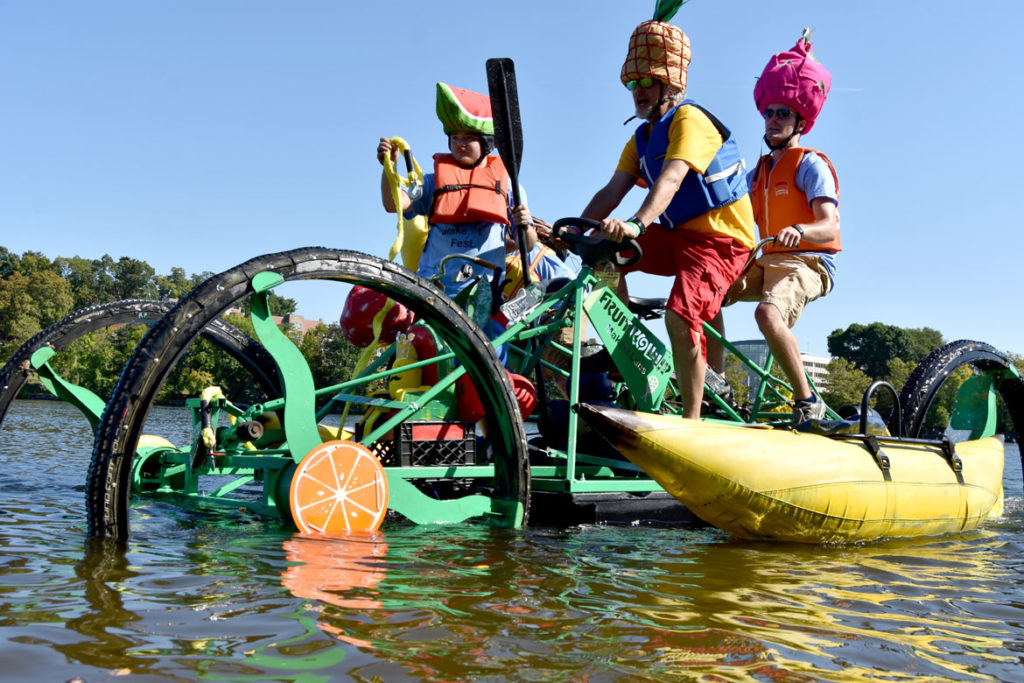 Floating along the Merrimack River during the Lowell Kinetic Sculpture Race, Sept. 21, 2019. (Greg Cook photo)