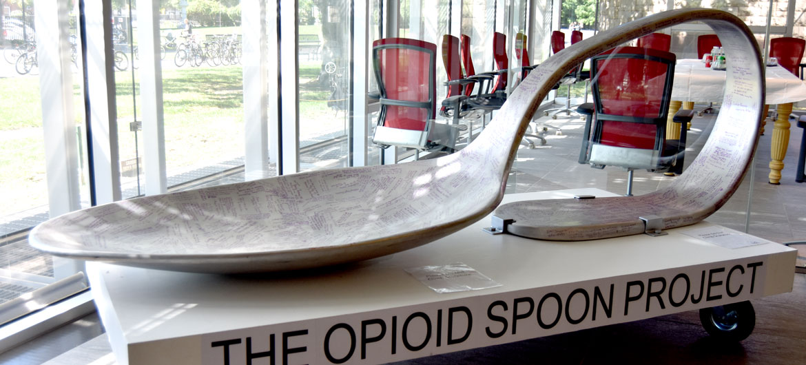 Domenic Esposito's Opioid Spoon on view at the Cambridge Public Library, Sept. 16, 2019. (Greg Cook)