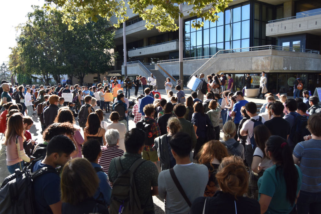 “MIT Rally Against Jeffrey Epstein” and “They Knew: Speak-out against MIT-Epstein Scandal” outside Massachusetts Institute of Technology’s Stratton Student Center, Sept. 13, 2019. (Greg Cook)