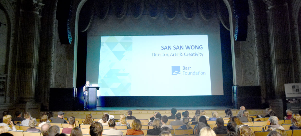 San San Wong of the Bar Foundation speaks at the Essex County Community Foundation's second annual Essex County Arts & Culture Summit at the Cabot theater, Beverly, Sept. 27, 2019. (Greg Cook photo)