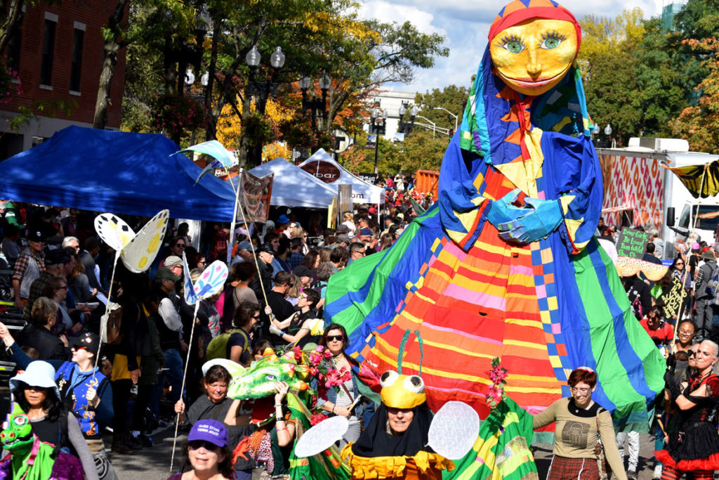 The Puppeteers Cooperative marches in the Honk Parade, Oct. 13, 2019. (Greg Cook photo)