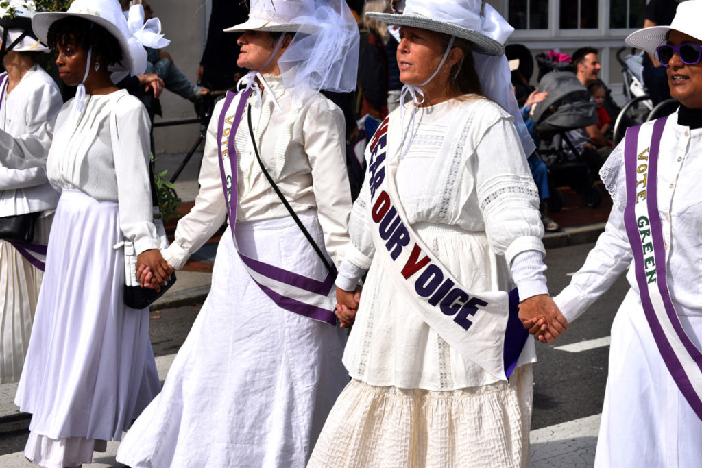 "Vote Green" suffragettes march in the Honk Parade, Oct. 13, 2019. (Greg Cook photo)