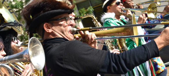 Environmental Encroachment from Chicago performs in the Honk Parade, Oct. 13, 2019. (Greg Cook photo)