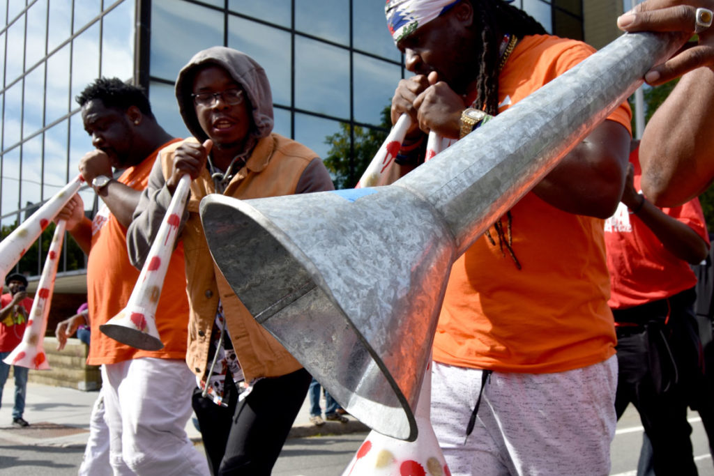 Rara Bell Pose from Boston plays during the Honk Parade, Oct. 13, 2019. (Greg Cook photo)