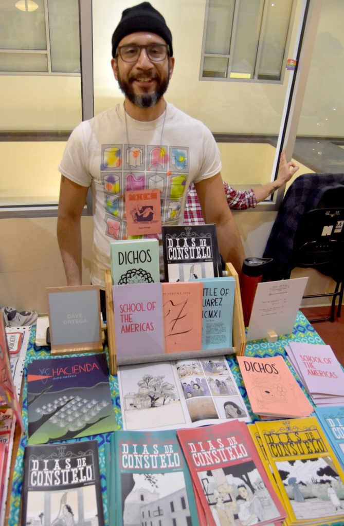 Dave Ortega of Somerville at MICE (Massachusetts Independent Comics Expo) at Lesley University, Oct. 19, 2019. (Greg Cook photo)