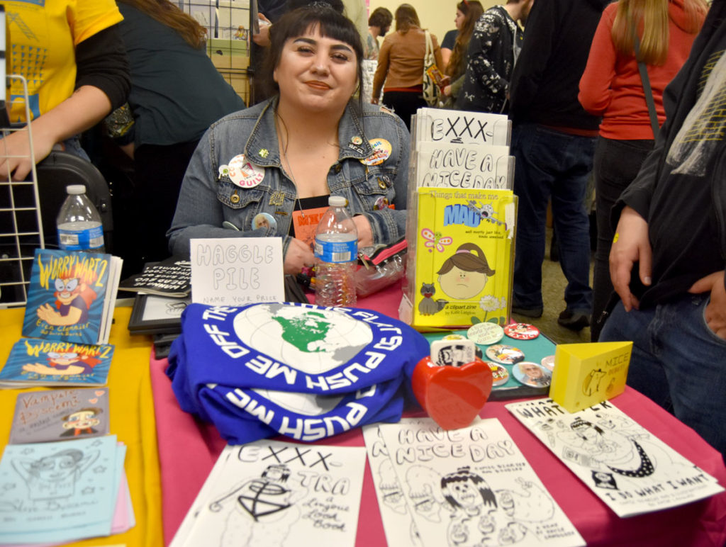Katie Langlois of Haverhill at MICE (Massachusetts Independent Comics Expo) at Lesley University, Oct. 19, 2019. (Greg Cook photo)