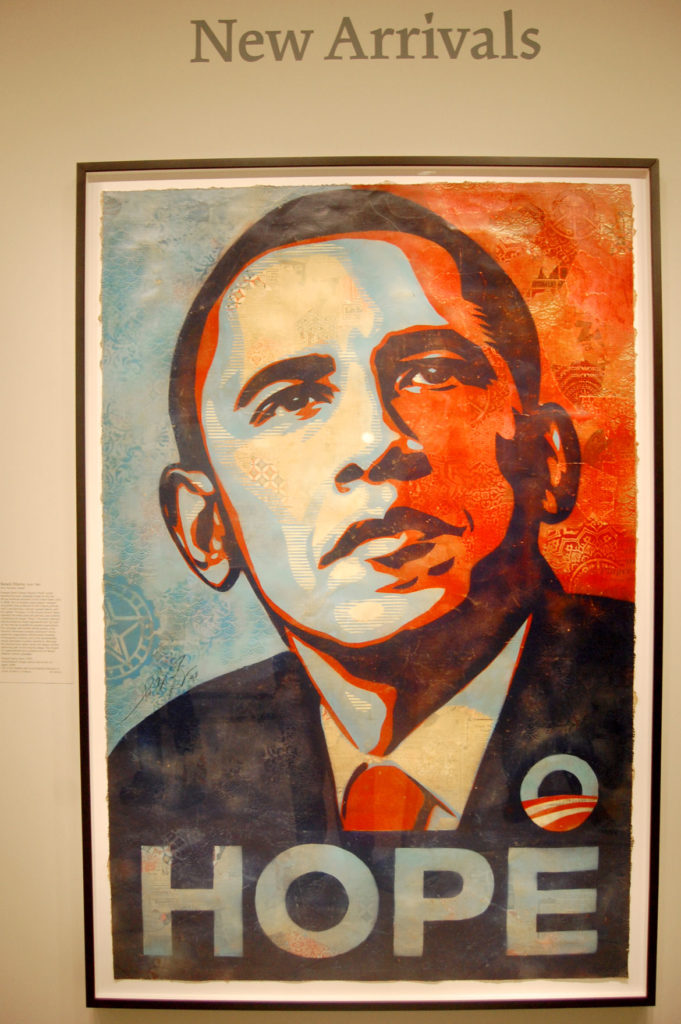 Shepard Fairey's "Obama 'Hope' Portrait" at National Portrait Gallery, Washington, D.C., during Obama's first inauguration, Jan. 18, 2009. (Greg Cook photo)