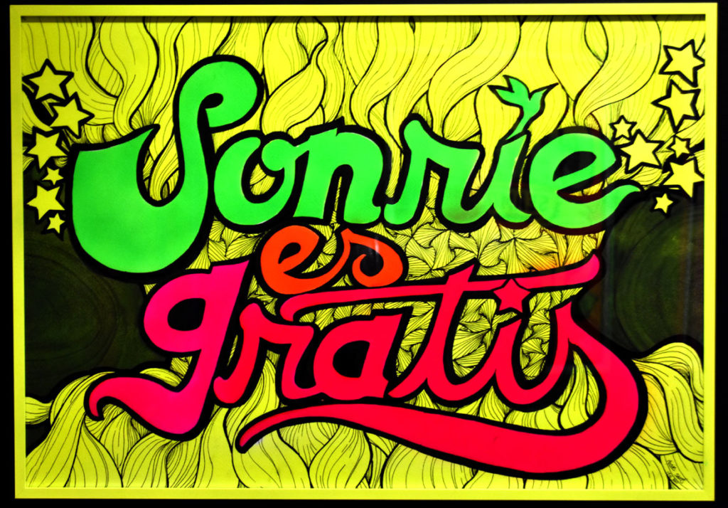 Moises Sants of UPUS Peru (Unidos por un Sueno/United by a Dream): “Sonrie es Gratis (Smile It’s Free),” 2019, pen and acrylic on paper.