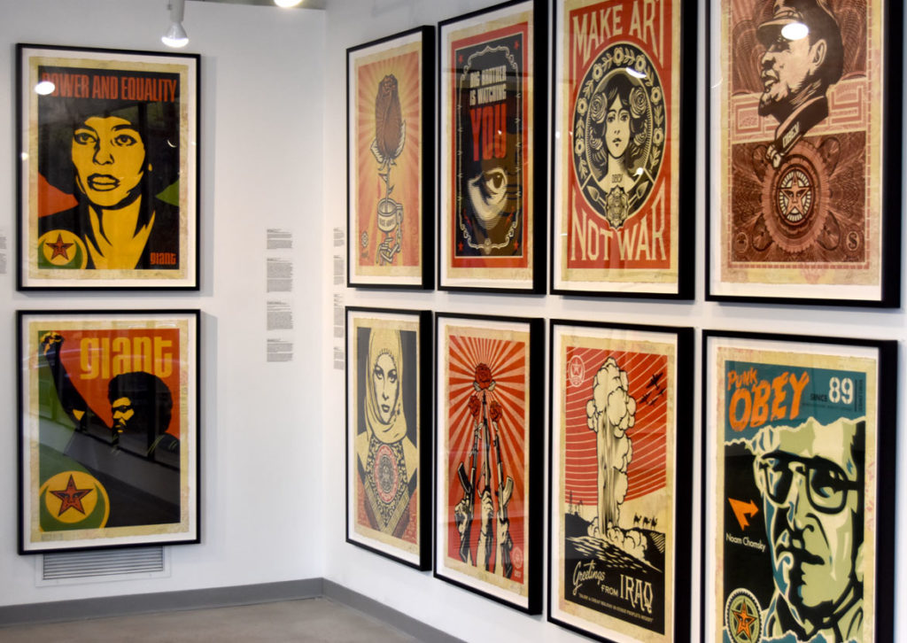 Shepard Fairey's exhibit "Facing the Giant: 3 Decades of Dissent" at AS220 pop-up gallery, Providence, Oct. 25, 2019. (Greg Cook photo)