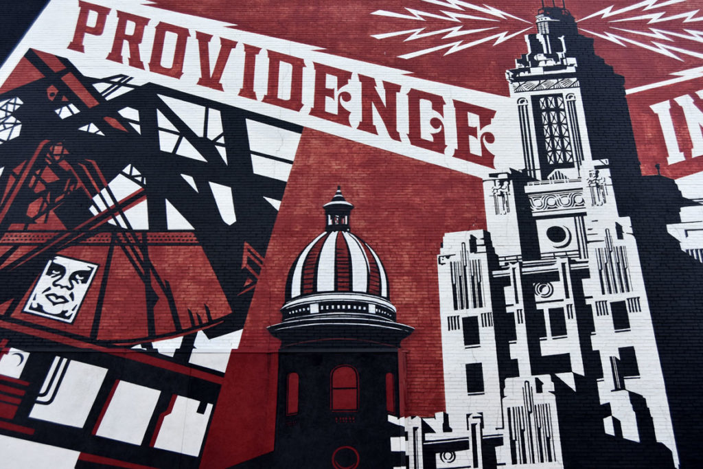 Shepard Fairey's 2010 “Providence Industrial” mural behind AS220’s Empire Street complex, Oct. 25, 2019. (Greg Cook photo)