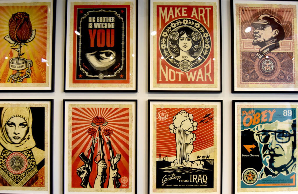 Shepard Fairey's exhibit "Facing the Giant: 3 Decades of Dissent" at AS220 pop-up gallery, Providence, Oct. 25, 2019. (Greg Cook photo)