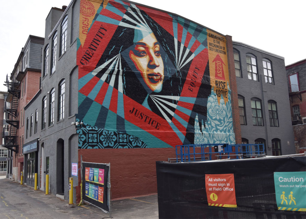 Shepard Fairey mural on the Founder’s League building, 91 Clemence St., Providence, Oct. 25, 2019. (Greg Cook photo)