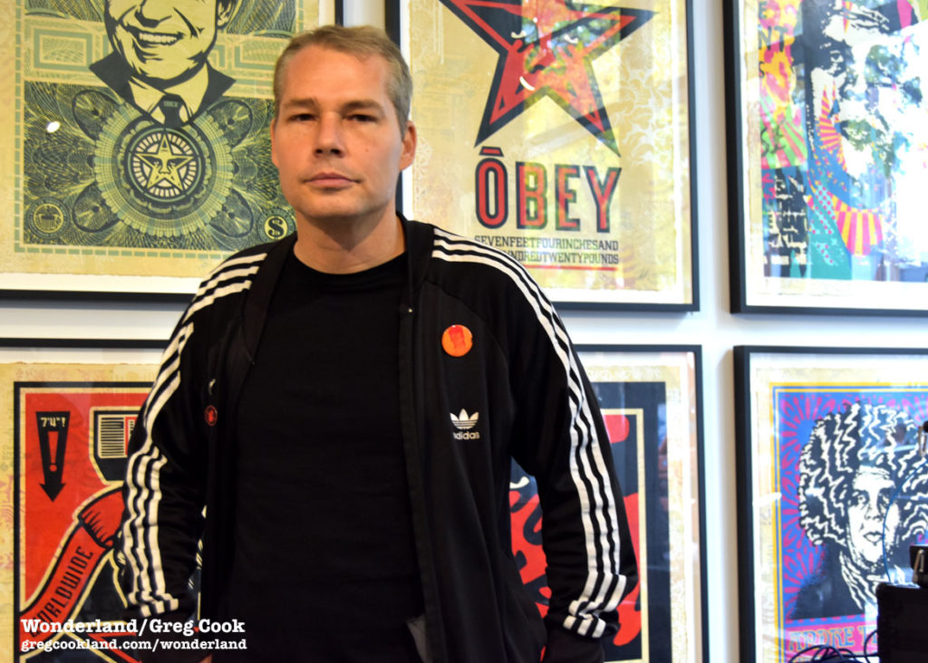 Shepard Fairey at "Facing the Giant: 3 Decades of Dissent," AS220 pop-up gallery, Providence, Oct. 25, 2019. (Greg Cook photo)