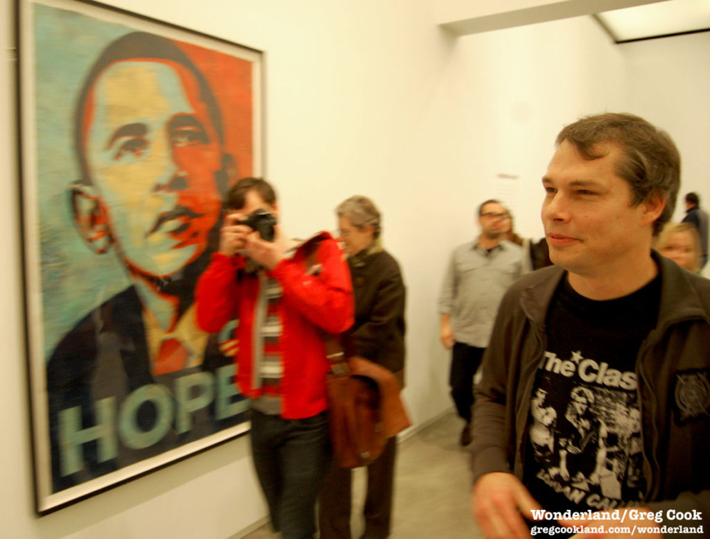 Shepard Fairey at "Shepard Fairey: Supply and Demand" exhibition at Boston's Institute of Contemporary Art, Feb. 3, 2009. (Greg Cook photo)