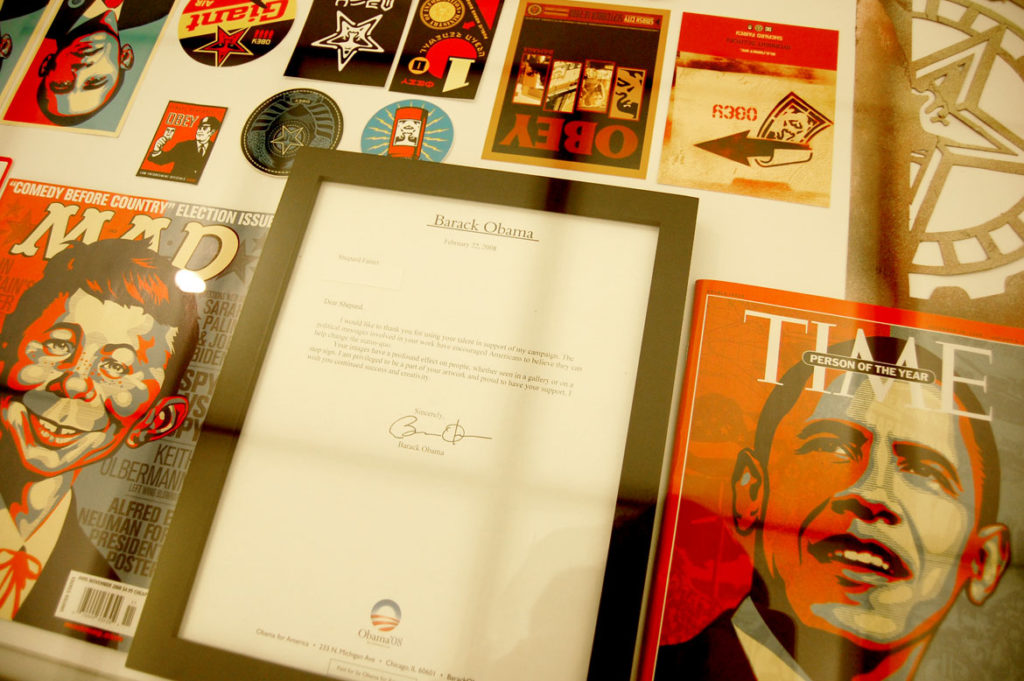 "I would like to thank you for using your talent to support my campaign," Barack Obama wrote in a Feb. 22, 2008, letter to Shepard Fairey in "Shepard Fairey: Supply and Demand" exhibition at Boston's Institute of Contemporary Art, Feb. 3, 2009. (Greg Cook photo)