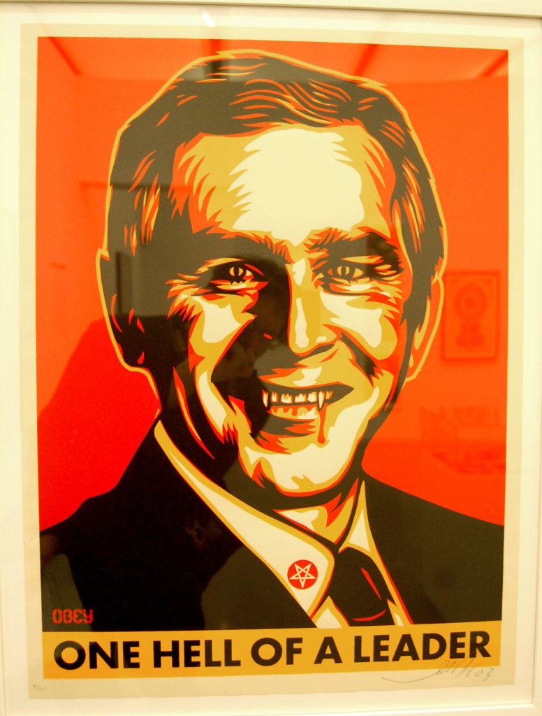 Shepard Fairey's "Obey Bush One Hell of a Leader," 2004, in "Shepard Fairey: Supply and Demand" exhibition at Boston's Institute of Contemporary Art, Feb. 3, 2009. (Greg Cook photo)