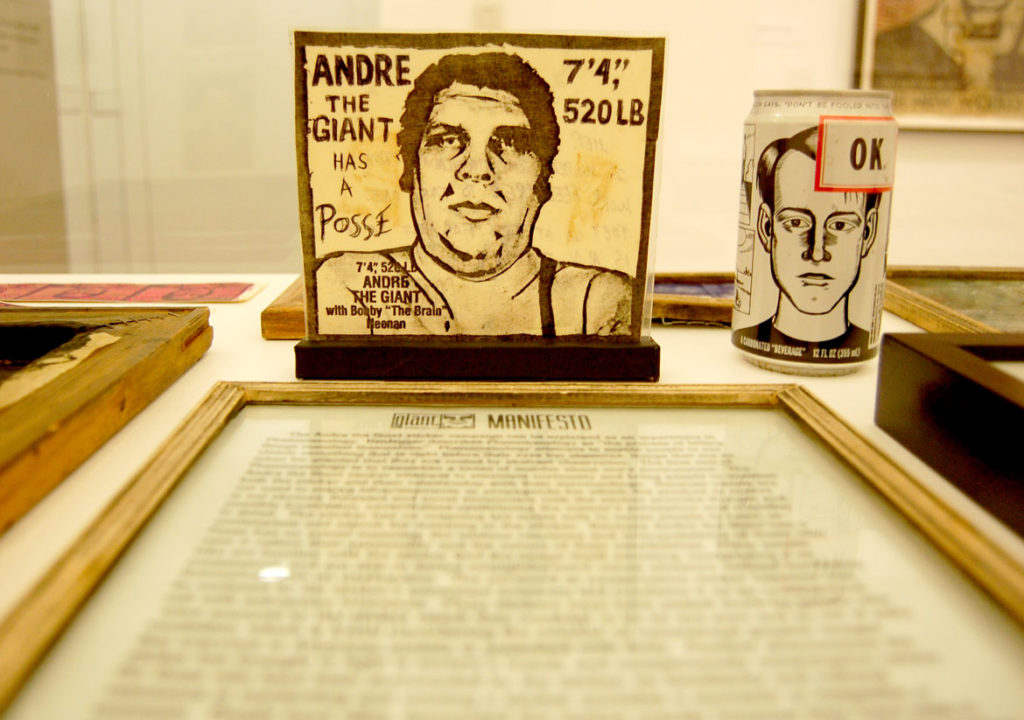 Shepard Fairey's "Original Andre Artwork," laminated Xerox and ballpoint pen, June 1989, in "Shepard Fairey: Supply and Demand" exhibition at Boston's Institute of Contemporary Art, Feb. 3, 2009. (Greg Cook photo)