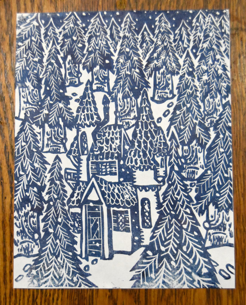 Greg Cook, "Winter Wood," linocut printed, copyright Dec. 1, 2019.