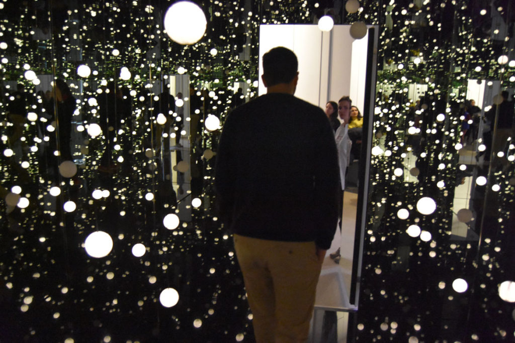 Yayoi Kusama’s “Infinity Mirrored Room – Dancing Lights That Flew Up to the Universe," David Zwirner gallery, New York, Dec. 5, 2019. (Greg Cook photo)