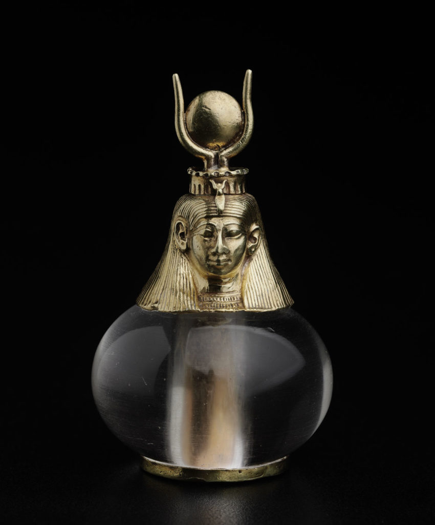 Hathor-headed crystal pendant, 743-712 BCE, Napatan period, reign of Piankhy, gold, rock crystal. From “Ancient Nubia Now” at Boston’s Museum of Fine Arts.