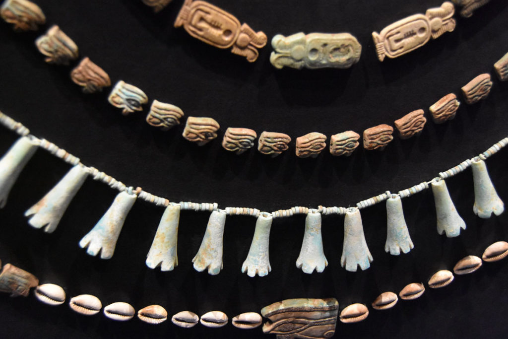 Strings of beads that adorned horses of King Shabaka, Napatan period, reigned 712-698 BCE. Bronze, faience, cowrie shell. From “Ancient Nubia Now” at Boston’s Museum of Fine Arts, Jan. 15, 2020. (Greg Cook photo)