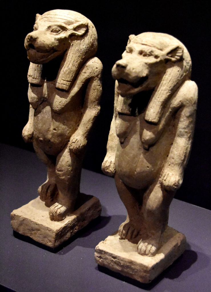 Figurines of Taweret, Napatan period, reign of Anlamani, 623-593 BCE, found at Nuri, low-fired clay. A favorite household goddess in both Nubia and Egypt, Taweret took the form of a hippopotamus, with paws of lion, breasts of woman and tail of crocodile. Taweret was protector of women during pregnancy and childbirth, as well as aiding in rebirth of dead into the afterlife. From “Ancient Nubia Now” at Boston’s Museum of Fine Arts, Jan. 15, 2020. (Greg Cook photo)