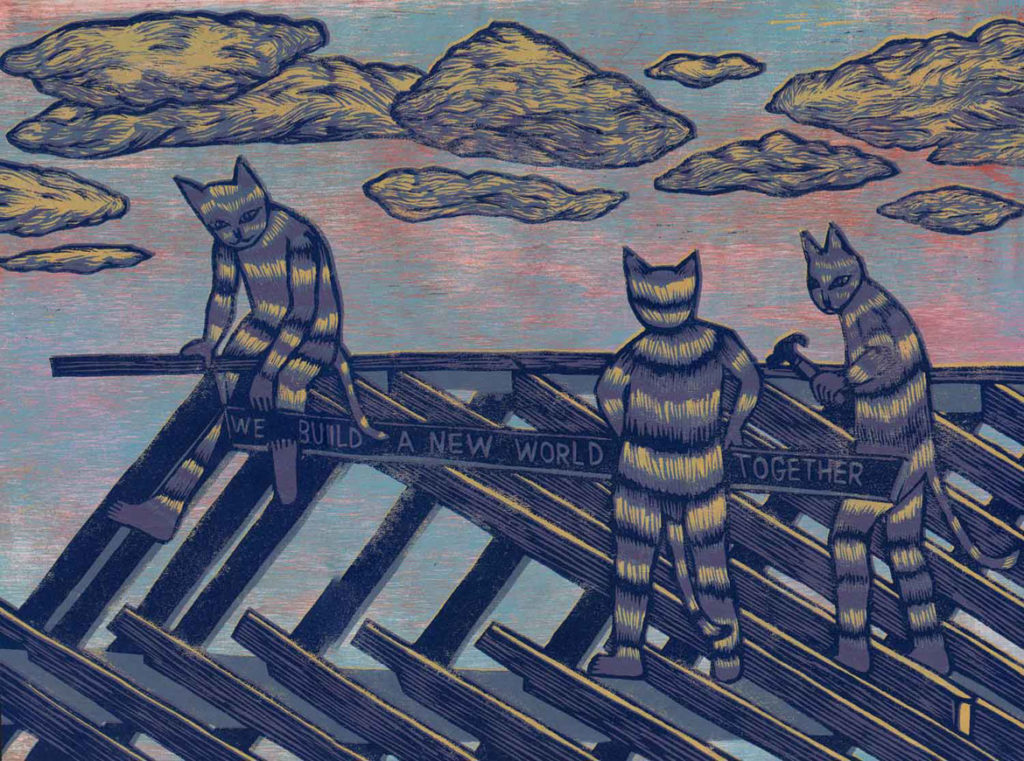 Meredith Stern, "Carpenter Cats" relief print from her “Cooperation Cats" series.