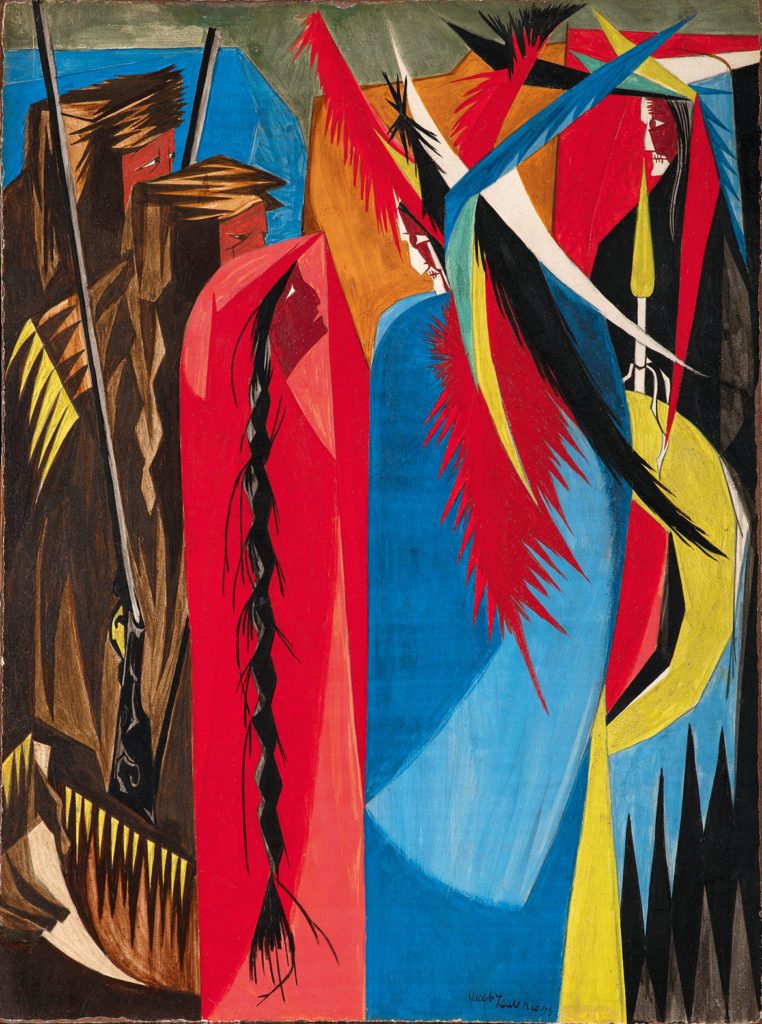Jacob Lawrence, "In all your intercourse with the natives, treat them in the most friendly and conciliatory manner which their own conduct will admit . . . —Jefferson to Lewis & Clark, 1803​," Panel 18, 1956, from