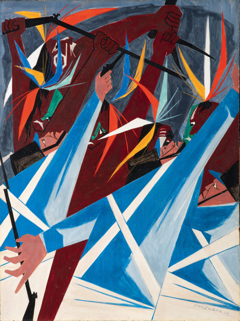 Jacob Lawrence, "Listen, Father! The Americans have not yet defeated us by land; neither are we sure they have done so by water—we therefore wish to remain here and fight our enemy . . . —Tecumseh to the British, Tippecanoe, 1811​," Panel 21, 1956, from ​"Struggle: From the History of the American People,​ 1954–56," egg tempera on hardboard. Collection of Harvey and Harvey-Ann Ross. (© The Jacob and Gwendolyn Knight Lawrence Foundation, Seattle / Artists Rights Society (ARS), New York. Photography by Bob Packert/PEM)