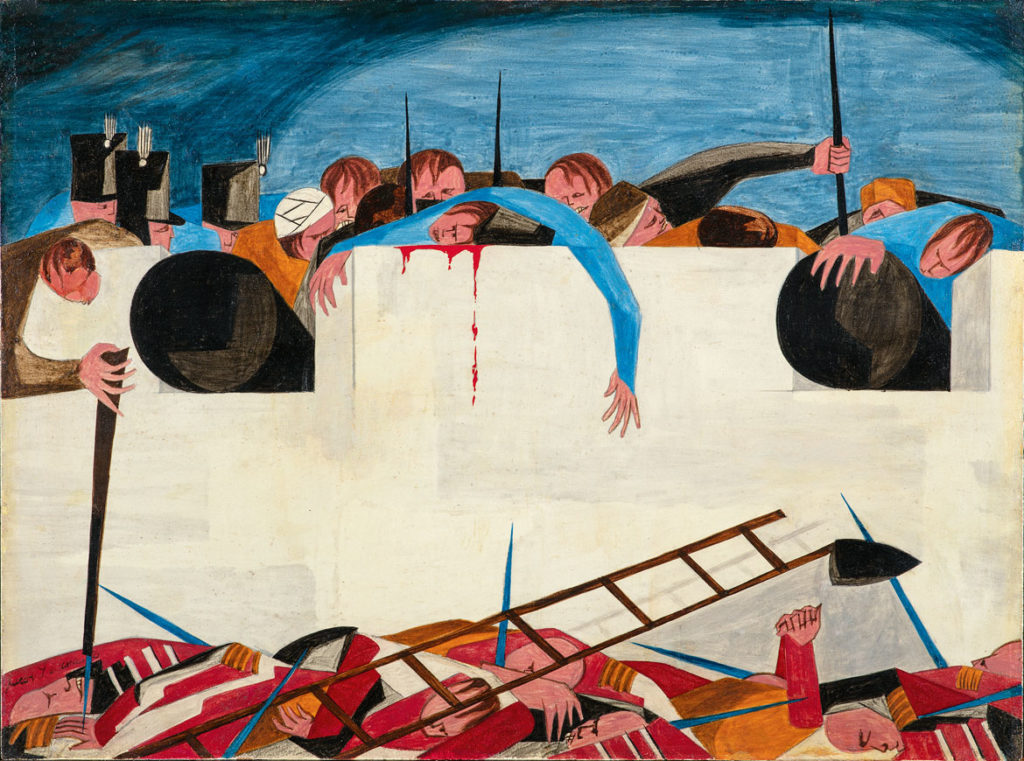 Jacob Lawrence, "I cannot speak sufficiently in praise of the firmness and deliberation with which my whole line received their approach . . . —Andrew Jackson, New Orleans, 1815​," Panel 25, 1956, from